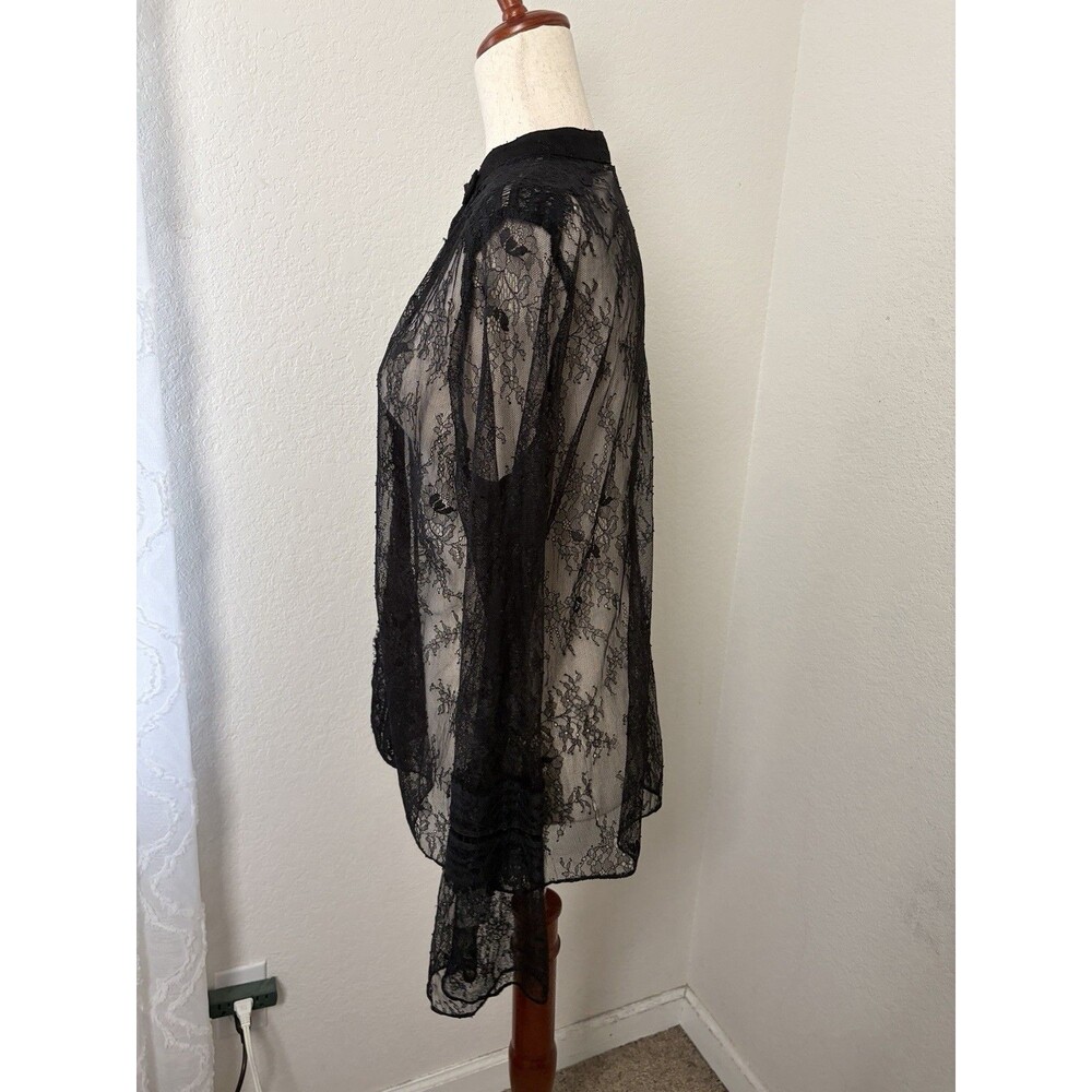 Guess Womens L Black Sheer Lace Choker Neck Long Sleeve Blouse Romantic Goth - Picture 3 of 6